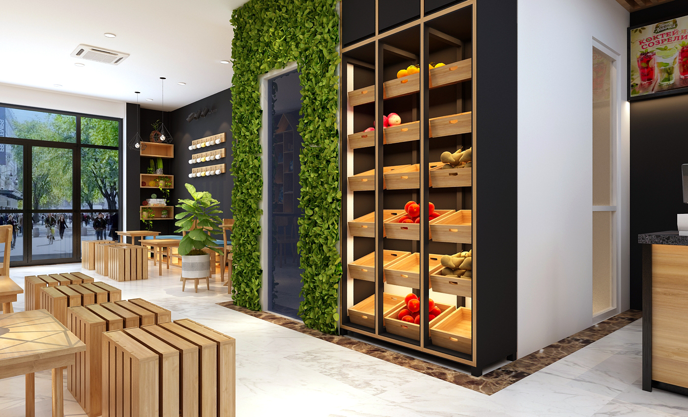 thiết kế cửa hàng thực phẩm sạch kết hợp quán cafe