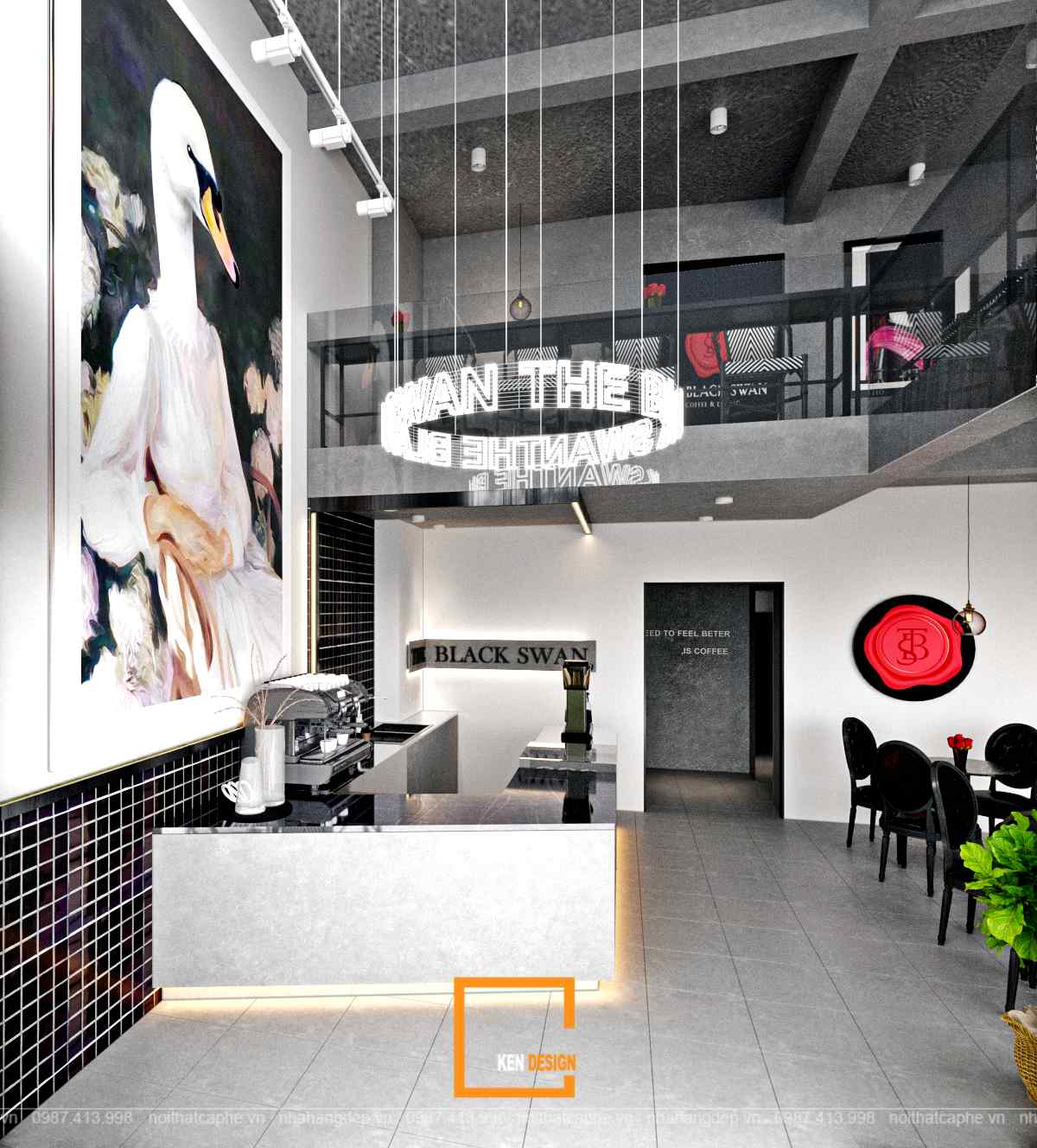 thiết kế The Black Swan thông tầng cafe