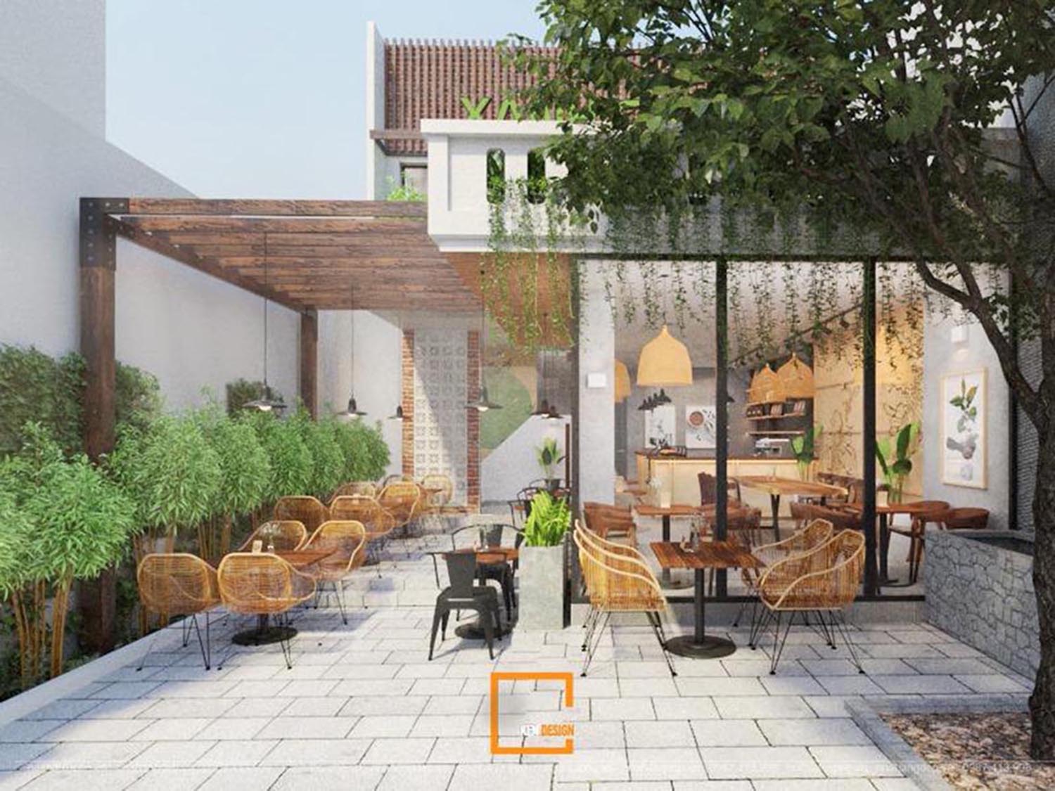 phong cách thiết kế quán Cafe sân vườn xanh coffee