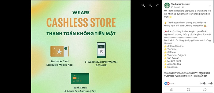 Starbucks không thanh toán tiền mặt