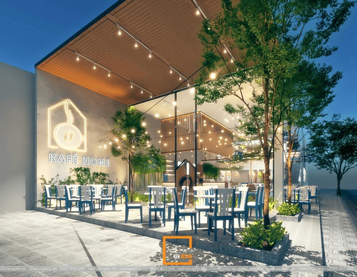 Quán cafe khung thép 2 tầng kết hợp kính