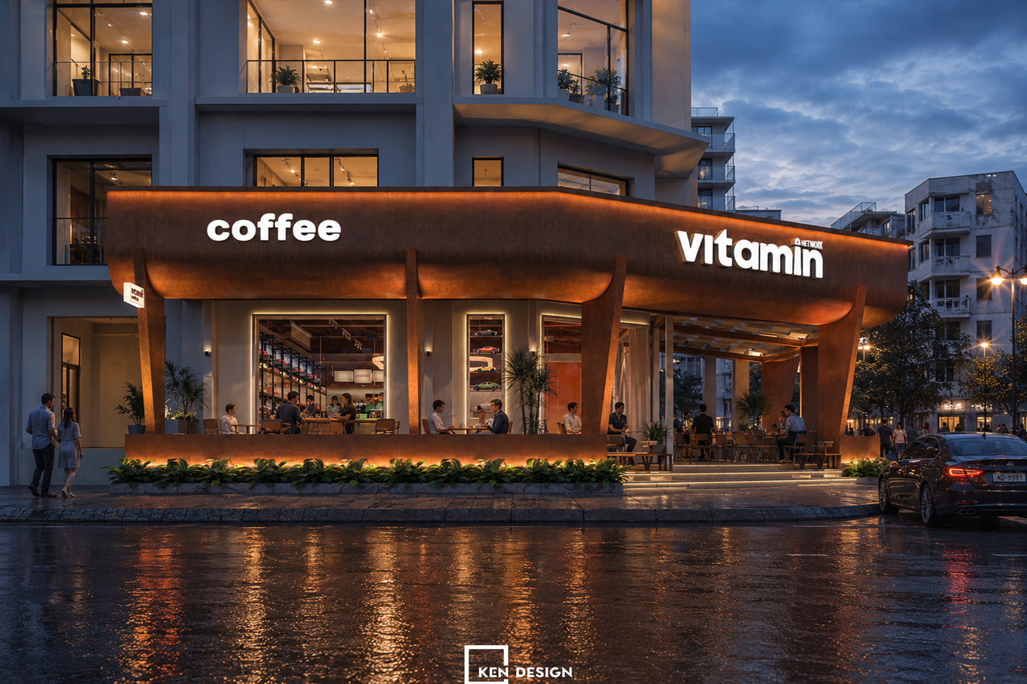 toàn cảnh mặt tiền quán cafe Vitamin về chiều tối