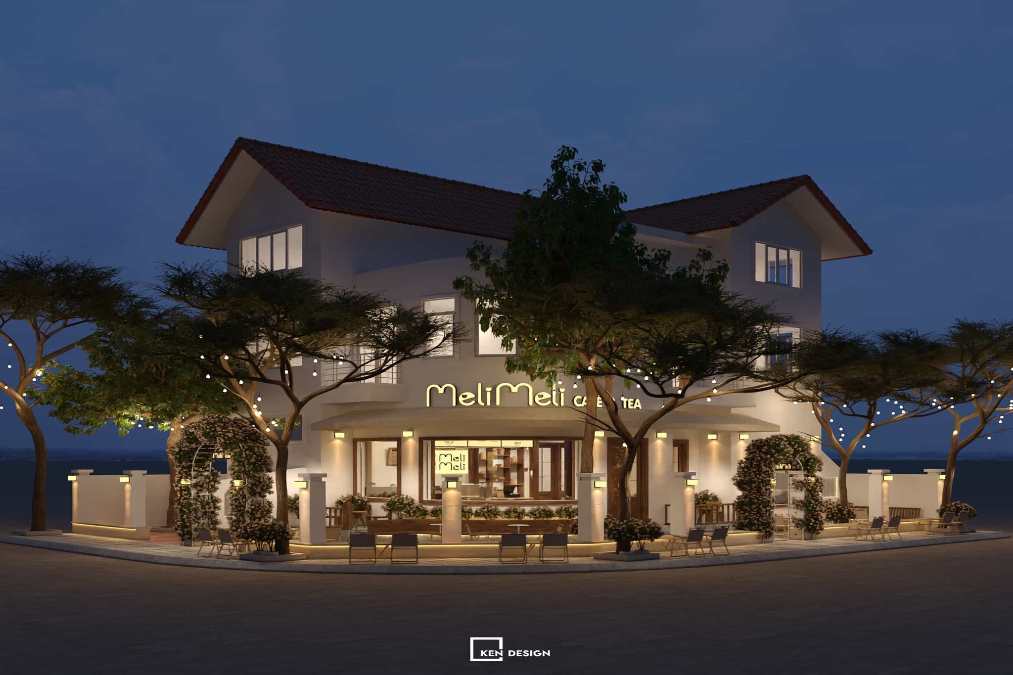 mẫu thiết kế quán cafe 2 mặt tiền về đêm với cổng hoa và dây đèn