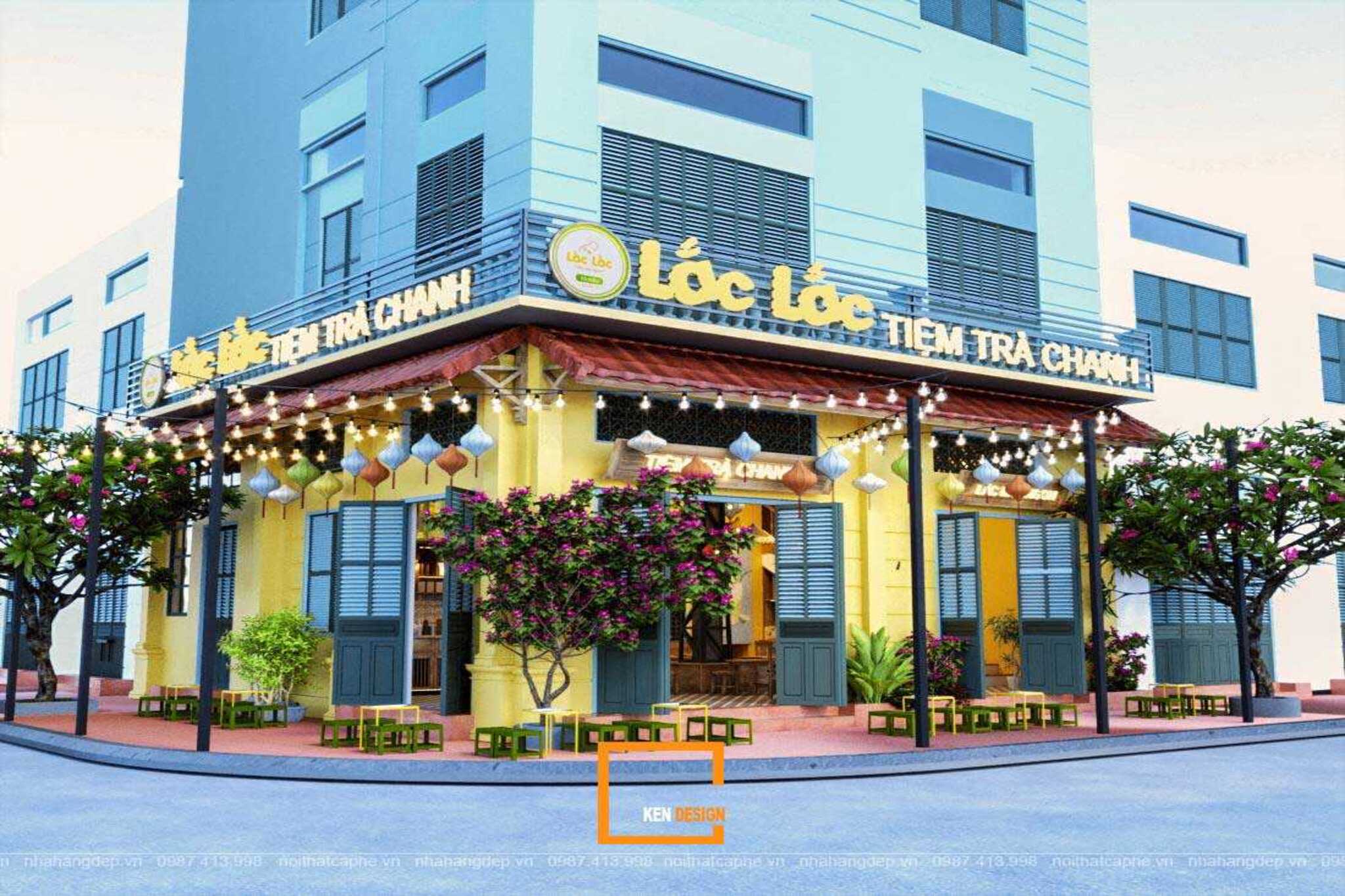 mẫu thiết kế quán cafe 2 mặt tiền hoài cổ với cửa chớp xanh và đèn lồng
