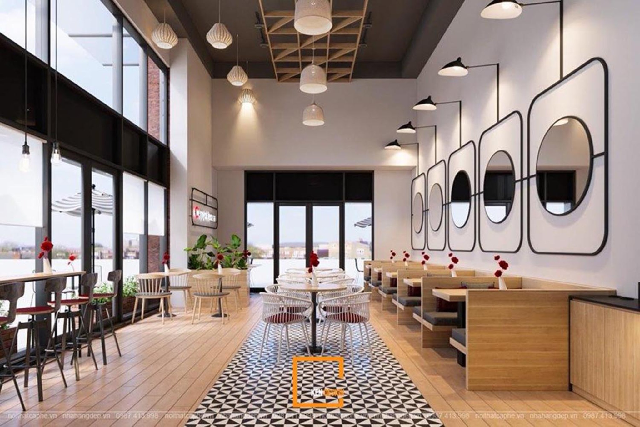 Gạch bông chạy dọc lối đi trong mẫu thiết kế quán cafe căn góc