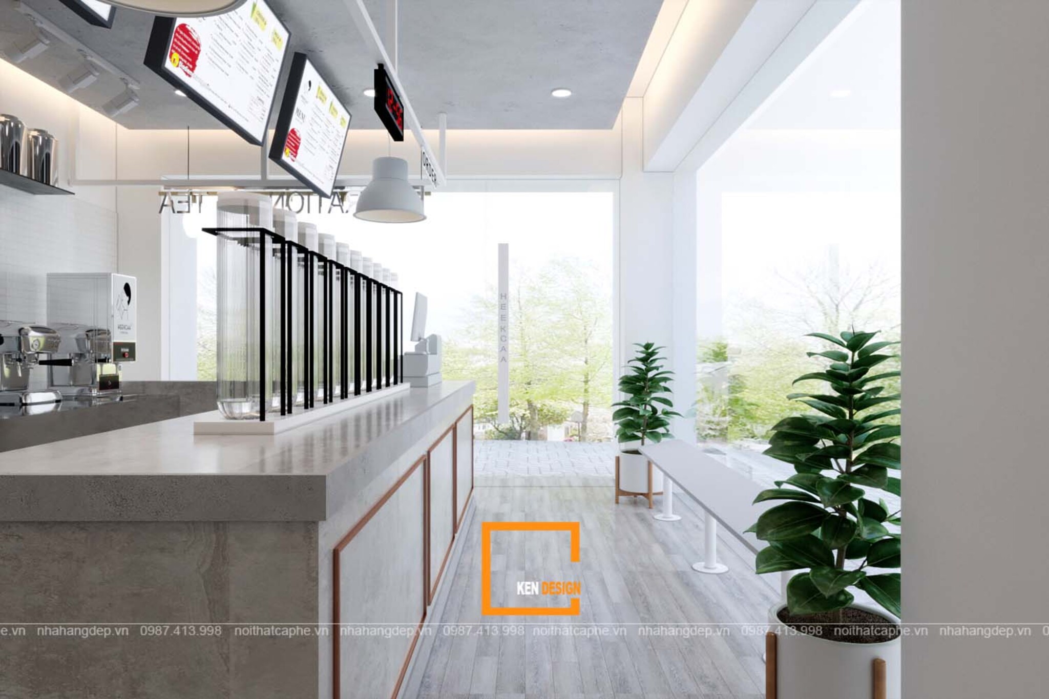 Quầy bar bê tông sáng màu cùng hệ bình trà trong suốt cho quán cafe 2 căn góc