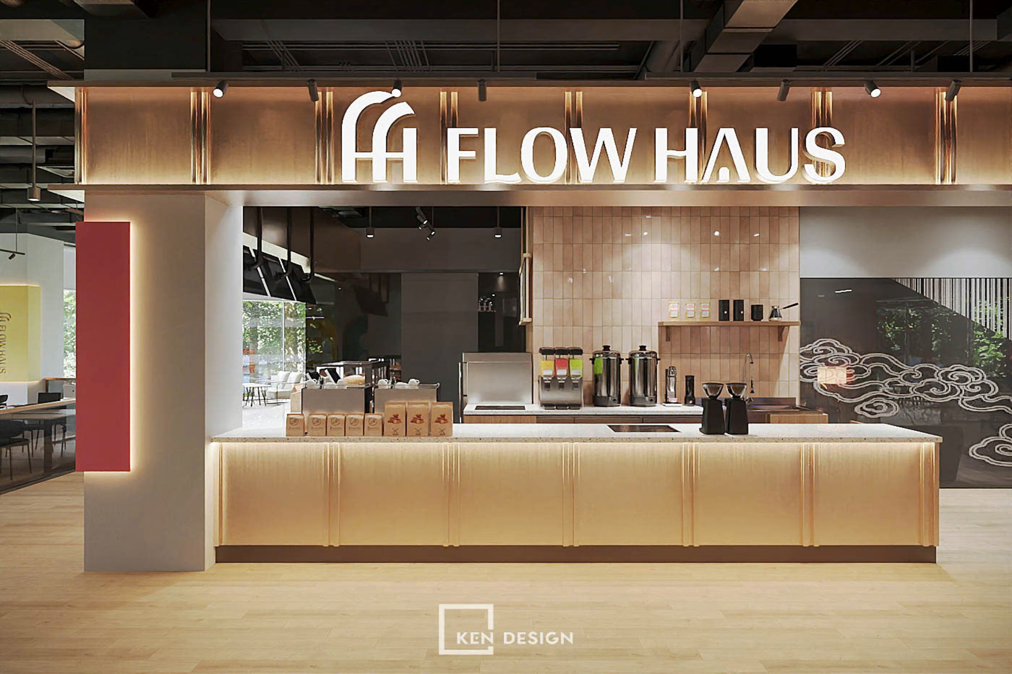 trần đen lộ hệ kỹ thuật kết hợp quầy sáng màu giúp thiết kế quán cafe phong cách trẻ tiết kiệm chi phí