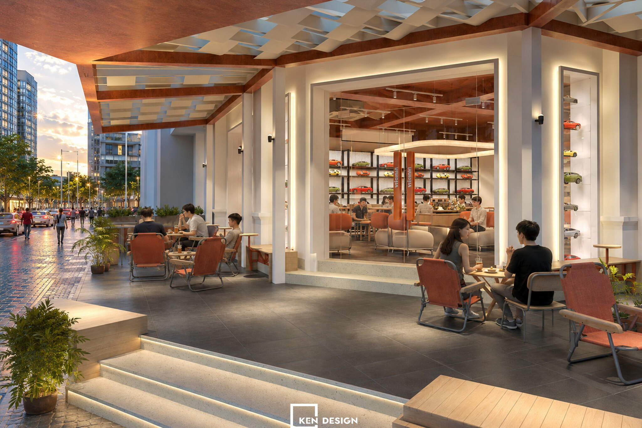 bậc thang hắt đèn LED và ghế gấp cam ở hiên ngoài trời trong thiết kế quán cafe phong cách hiện đại